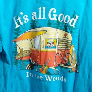 Buc-ee’s T-shirt It’s All Good In The Woods Camper‎ Trailer Aqua Blue Size Small